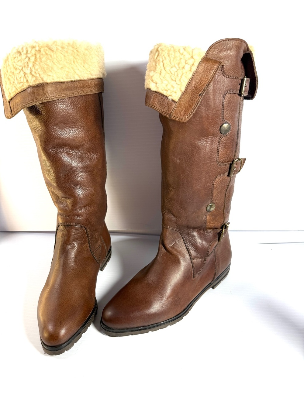 Bloomingdale's Brown Leather Shearling-Cuff Buckle Riding Boots